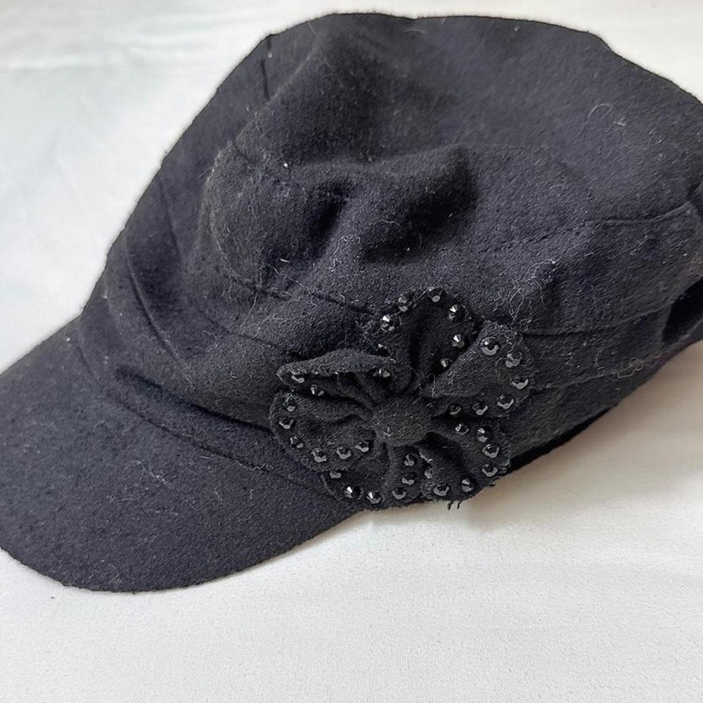 Black Flower Cadet Hat  Y2K Collection Eighteen  black wool blend cadet cap